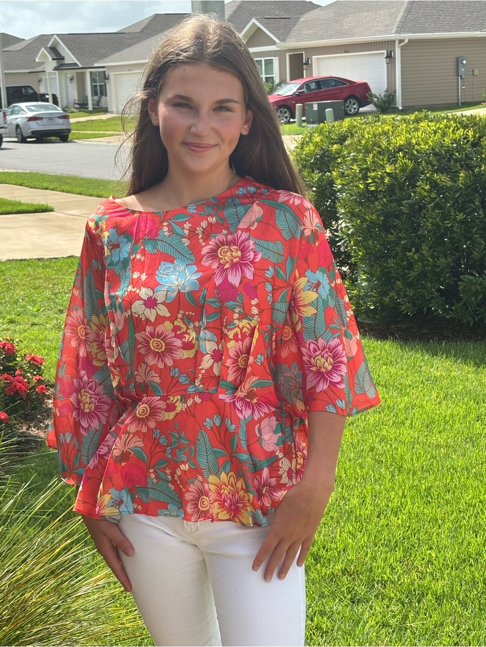 Umgee Coral Floral Contemporary Blouse Size Medium New With Tags